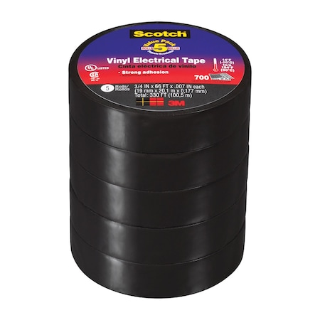 Scotch 3M Scotch 3/4 in. W X 66 ft. L Black Vinyl Electrical Tape, PK5 24413-BA-6